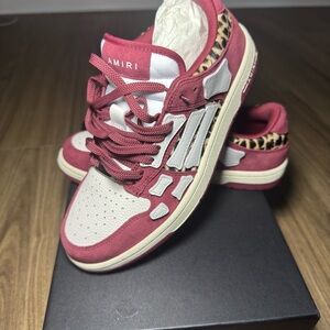 AMIRI Women's Red and White Sneakers with Leopard Accents